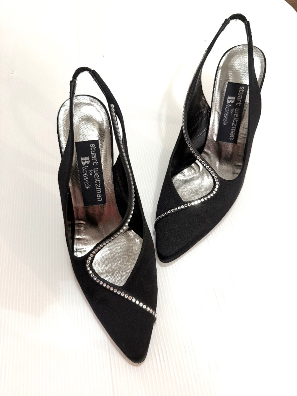 Vintage Y2K Stuart Weitzman for Browns Black Satin Rhinestone Slingback Heels 7B